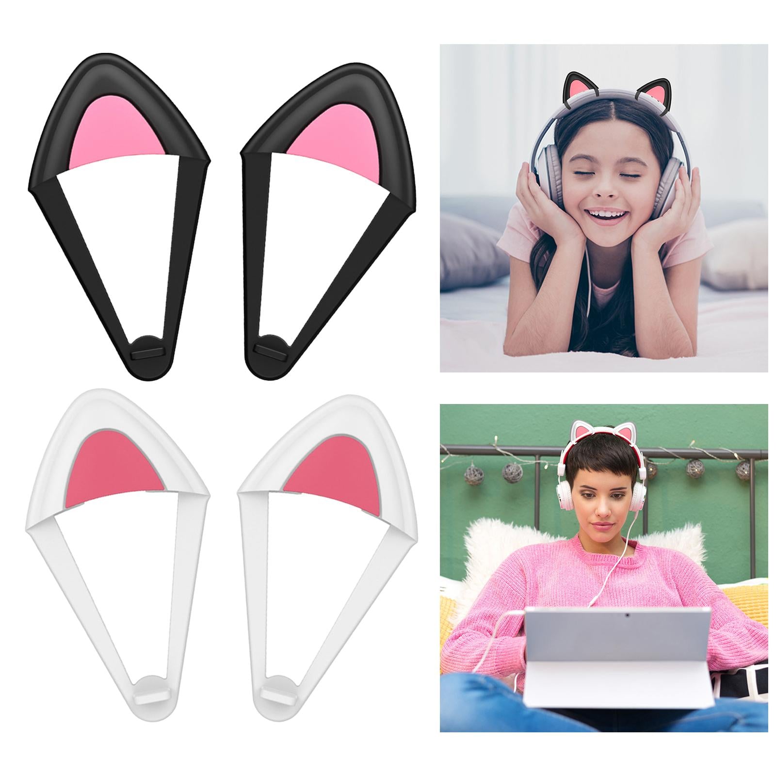 2Pcs Cat Ears Attachment Silicone Cute for Gaming Headphones Black Pink