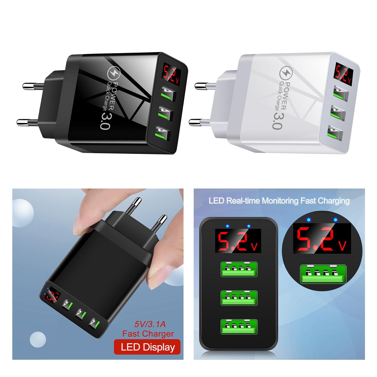 4x3USB Digital Display Fast Charging Portable Fast Charger for Travel Charging Black