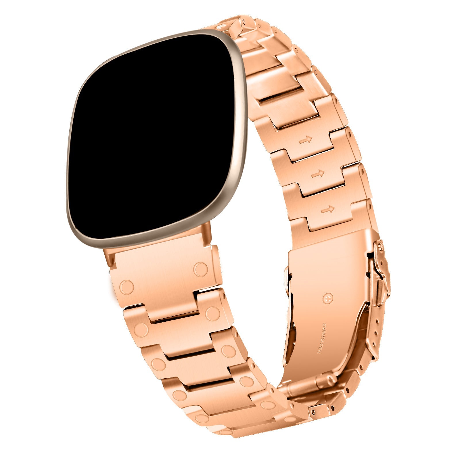 For Fitbit Versa 4 / Sense 2 Stainless Steel Watch Band Three Bead Replacement Watch Strap - Rose Gold