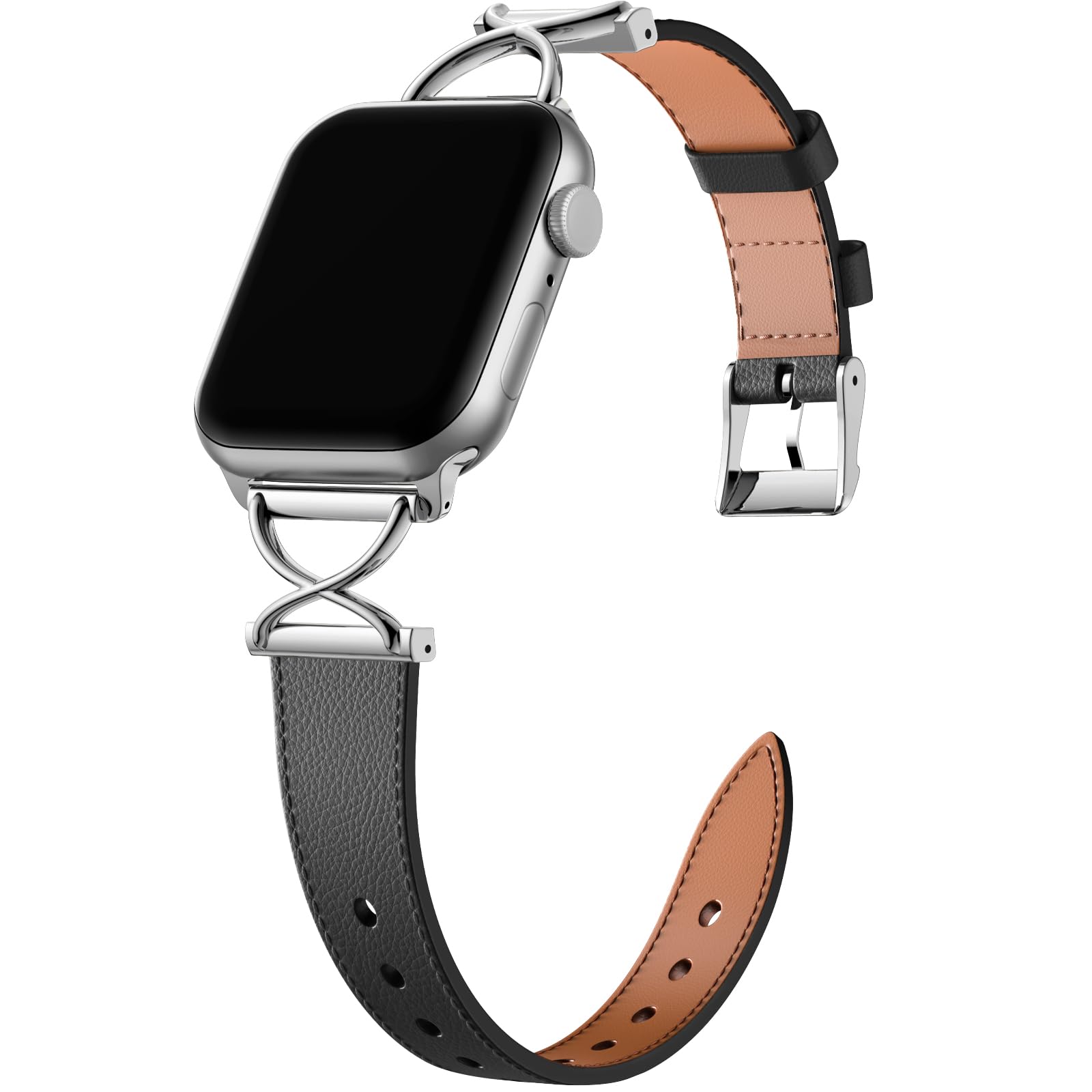 Genuine Cow Leather Strap for Apple Watch Series 9 8 7 41mm / 6 5 4 SE (2022) SE (2023) SE 40mm / 3 2 1 38mm Wrist Band with Silver Buckle