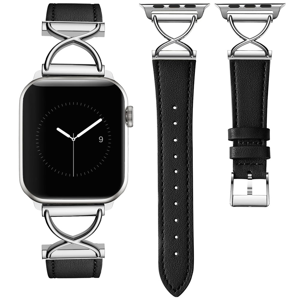 Genuine Cow Leather Strap for Apple Watch Series 9 8 7 41mm / 6 5 4 SE (2022) SE (2023) SE 40mm / 3 2 1 38mm Wrist Band with Silver Buckle