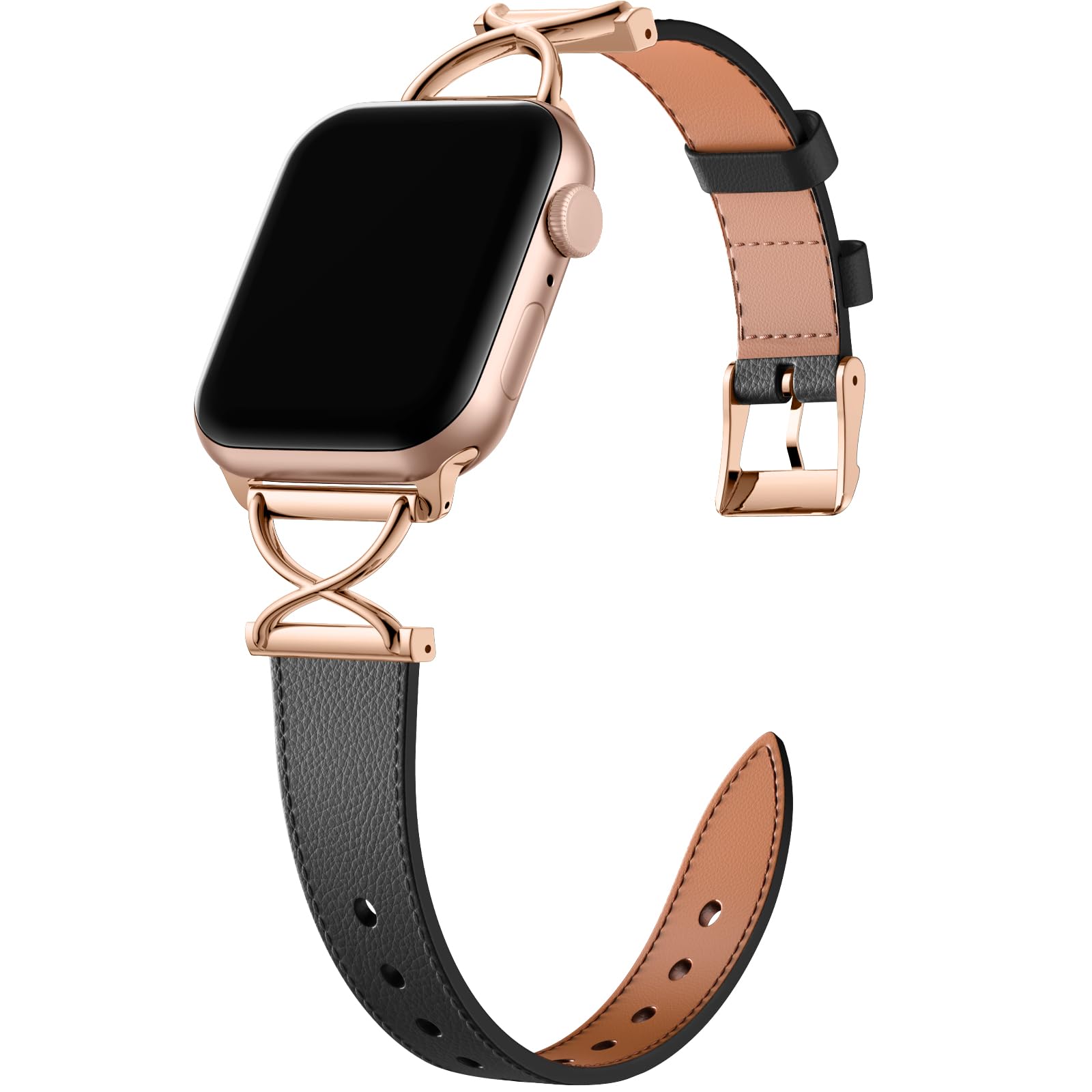 For Apple Watch Series 9 8 7 41mm / 6 5 4 SE (2023) SE (2022) SE 40mm / 3 2 1 38mm Electroplated Buckle Watch Strap - Black+Rose Gold