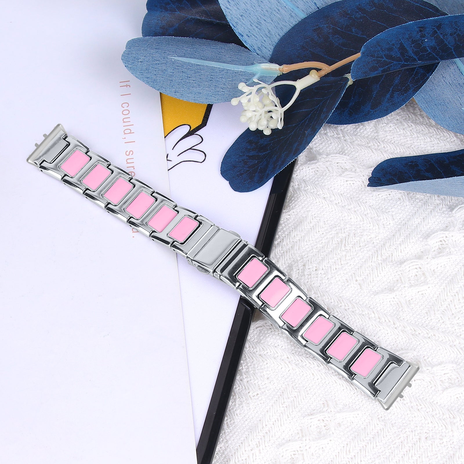 For Samsung Galaxy Fit3 SM-R390 Watch Strap Adjustable Metal Watch Band Fit for 5.2 inch-8.6 inch - Silver+Pink