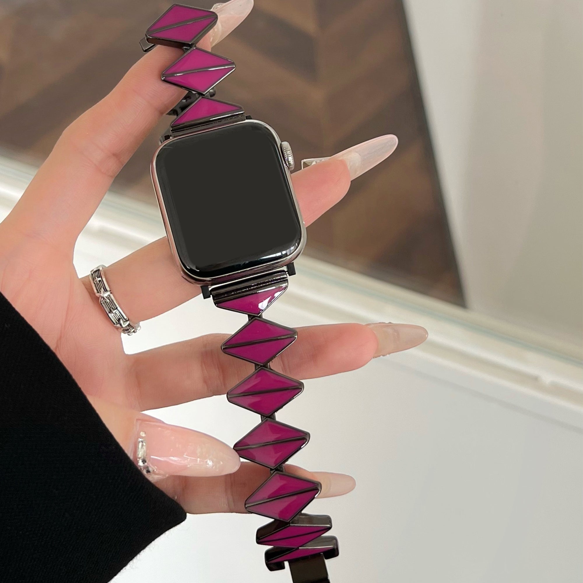 For Apple Watch Series 9 8 7 41mm / 6 5 4 SE (2022) SE (2023) SE 40mm / 3 2 1 38mm Watch Band Zinc Alloy Epoxy Strap - Magenta / Black Buckle