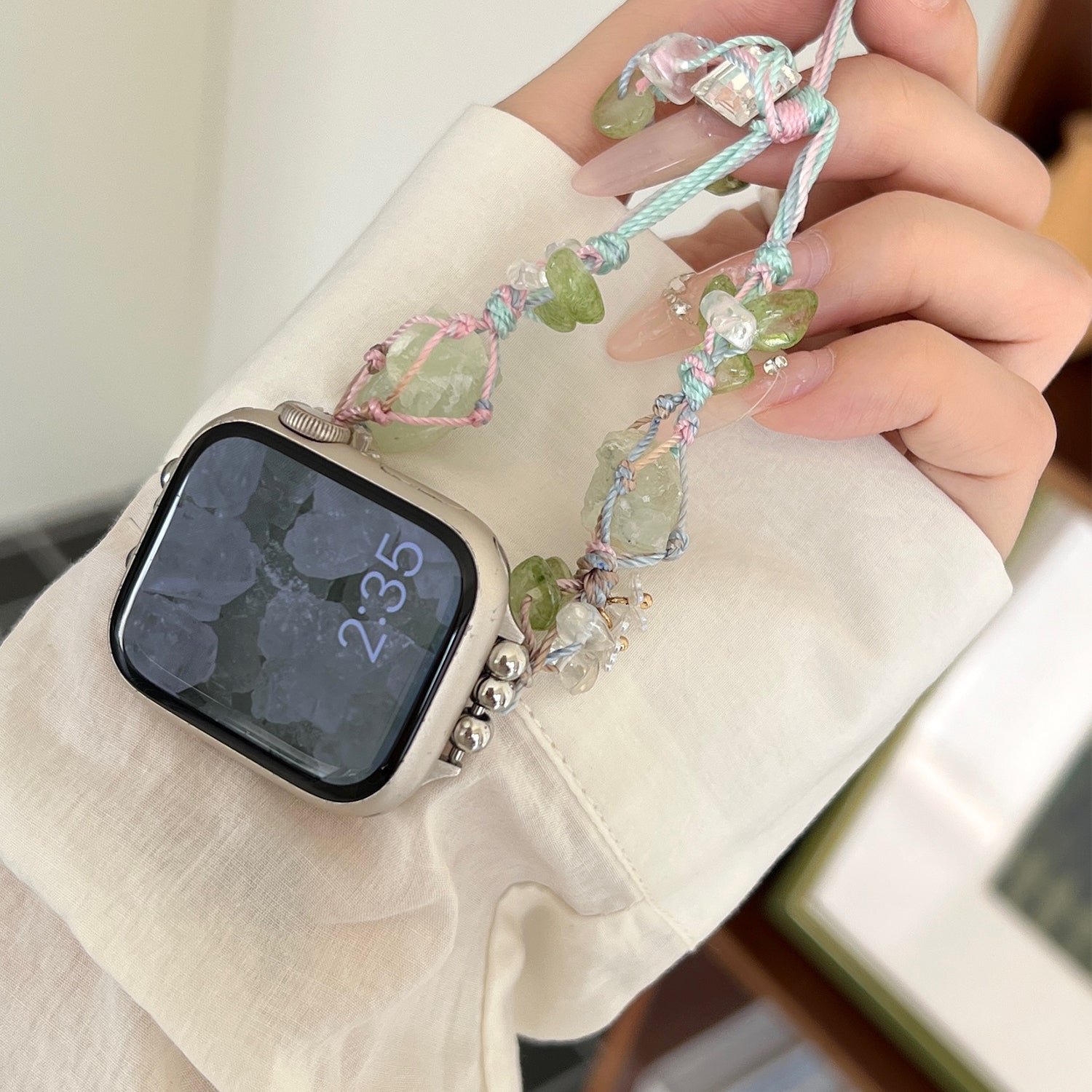 Drawstring Strap for Apple Watch Ultra 2 Ultra 49mm / 9 8 7 45mm / 6 5 4 SE (2023) SE (2022) SE 44mm / 3 2 1 42mm Color Stone Rope Band - Green