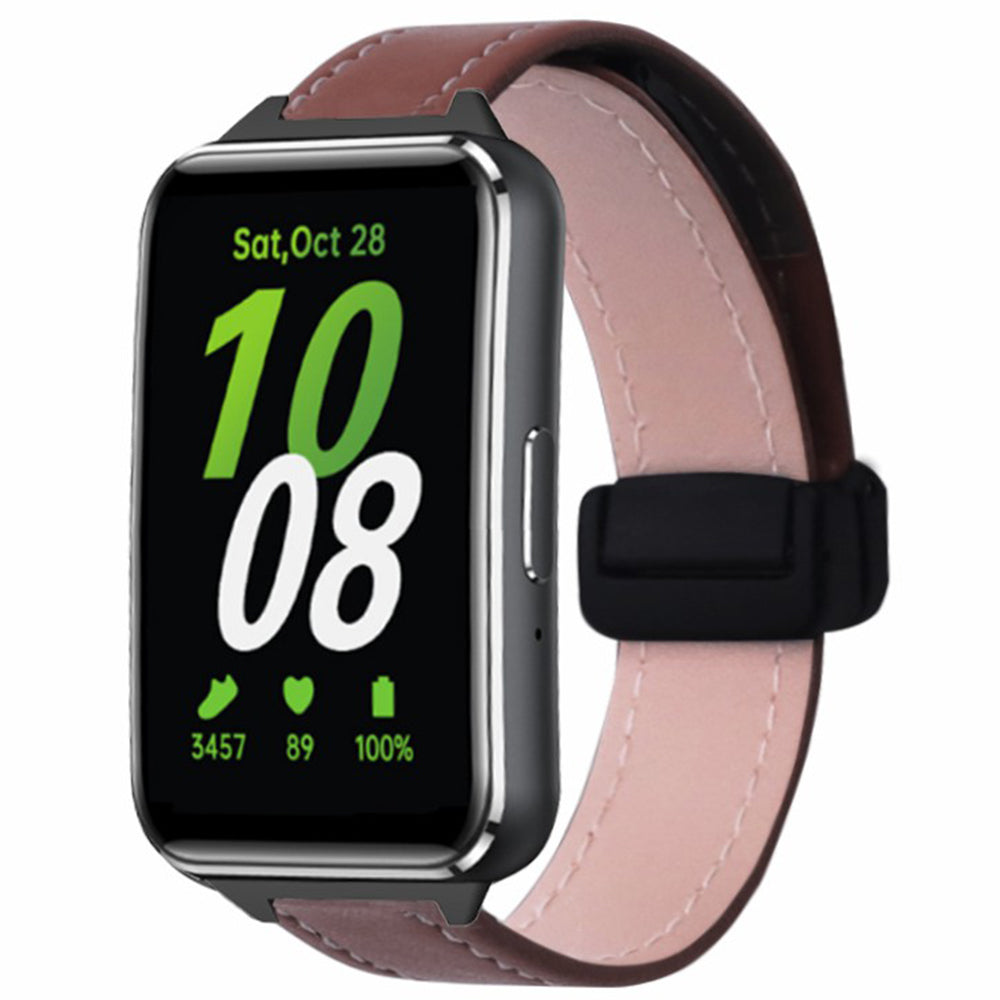 For Samsung Galaxy Fit3 Watch Band Genuine Cow Leather Folding Magnetic Buckle Strap - Coffee