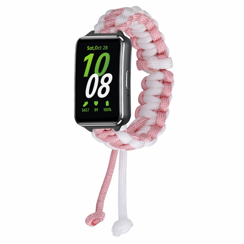 For Samsung Galaxy Fit3 Adjustable Nylon Braided Watch Band Replacement Wrist Strap - Pink+White