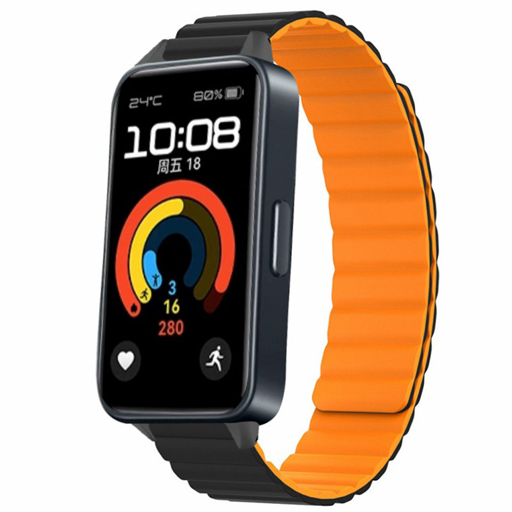 For Huawei Band 9 Magnetic Wrist Band Adjustable Silicone Watch Strap Watch Replacement Accessory - Black+Orange