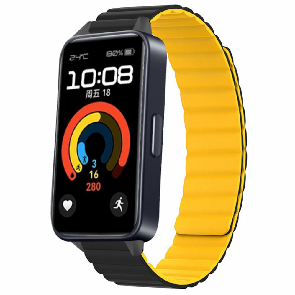 For Huawei Band 9 Magnetic Wrist Band Adjustable Silicone Watch Strap Watch Replacement Accessory - Black+Yellow