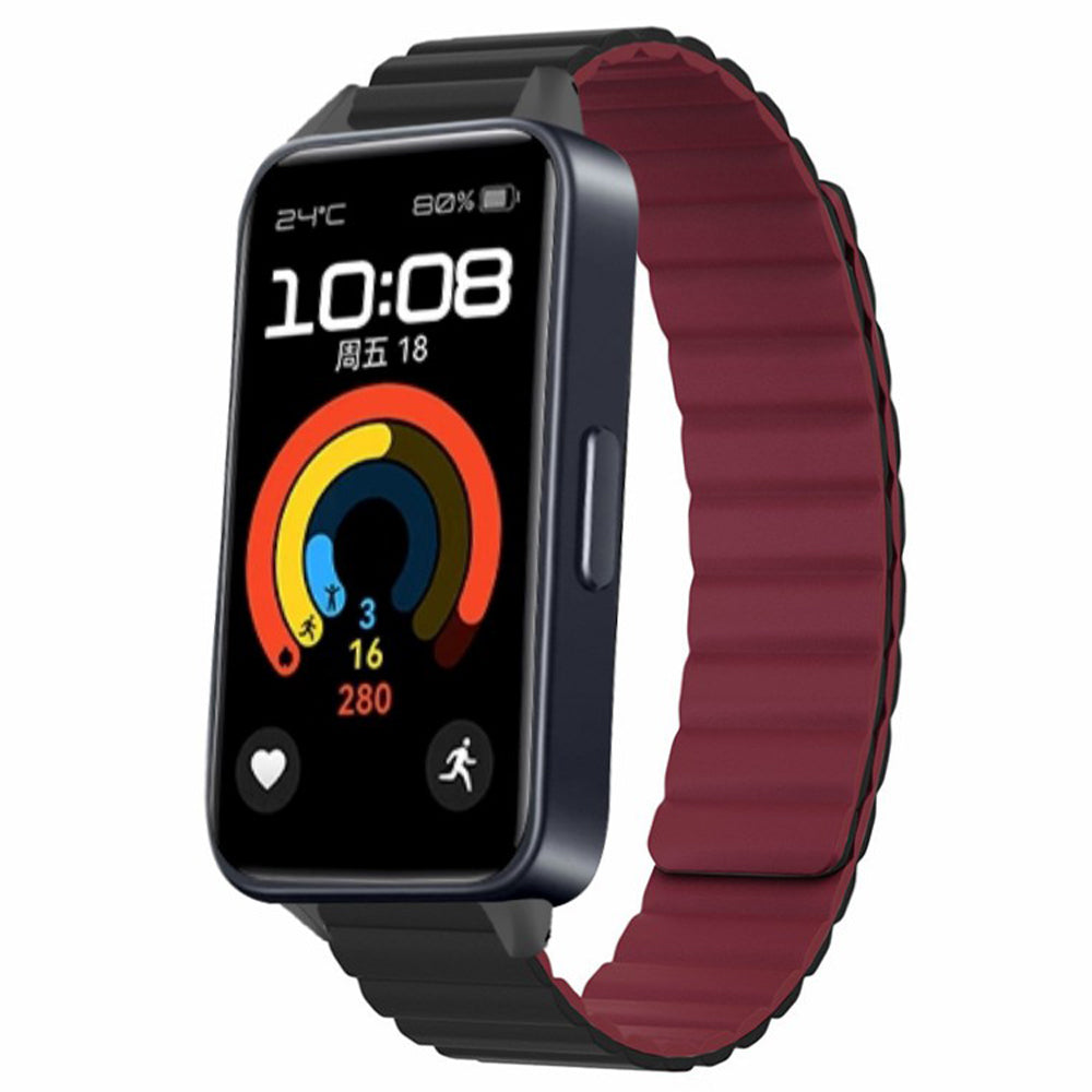 For Huawei Band 9 Magnetic Wrist Band Adjustable Silicone Watch Strap Watch Replacement Accessory - Black+Wine Red