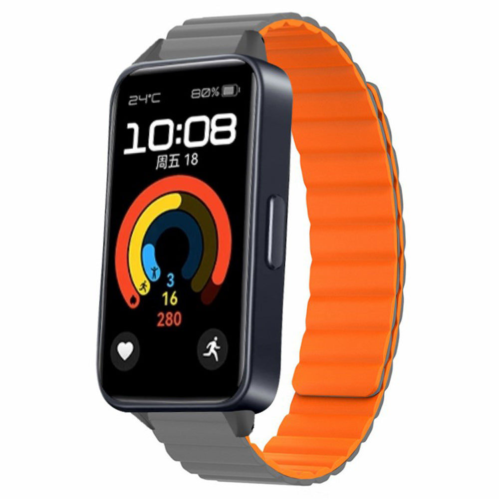 For Huawei Band 9 Magnetic Wrist Band Adjustable Silicone Watch Strap Watch Replacement Accessory - Grey+Orange