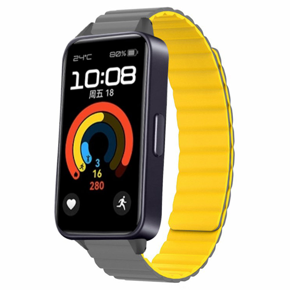 For Huawei Band 9 Magnetic Wrist Band Adjustable Silicone Watch Strap Watch Replacement Accessory - Grey+Yellow