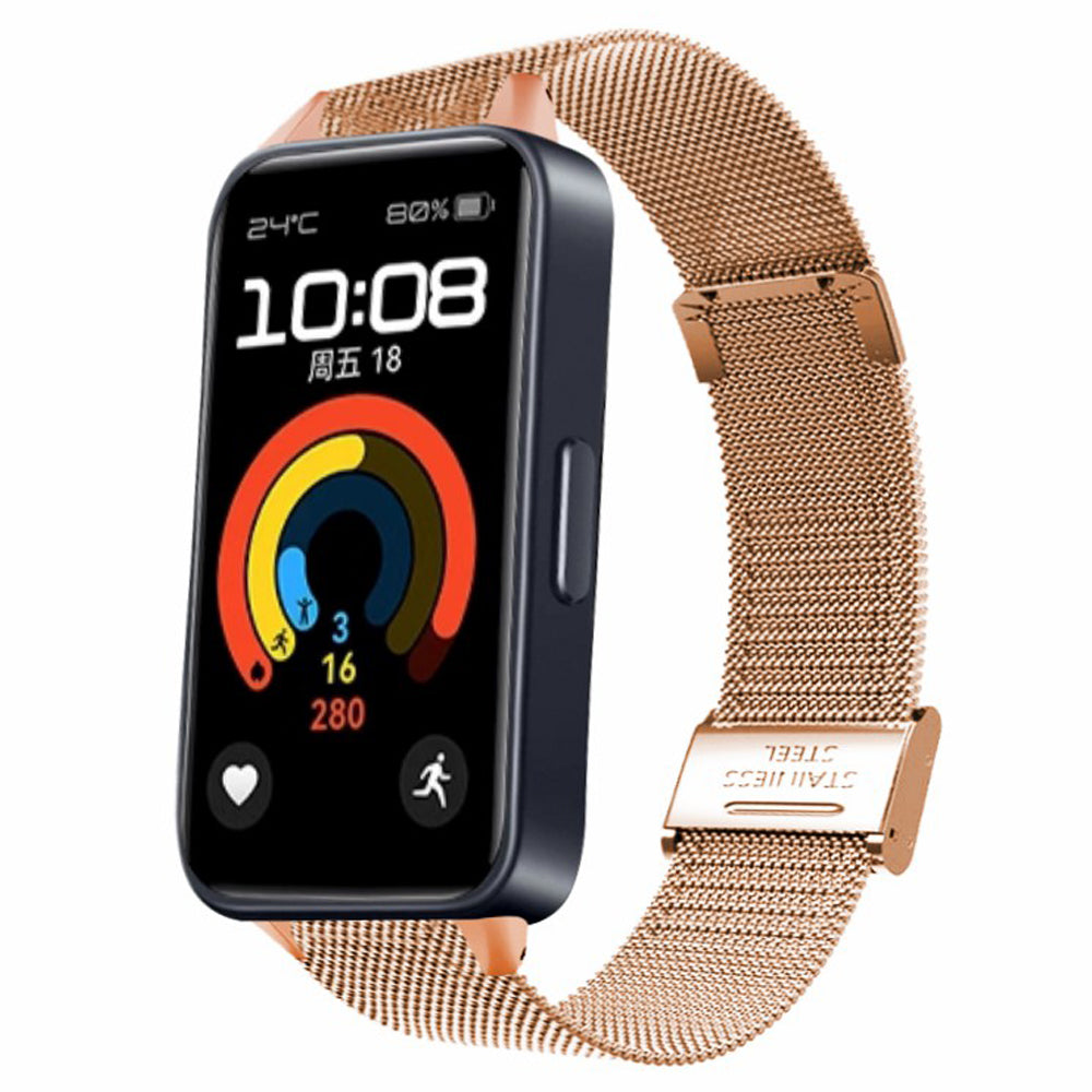 For Huawei Band 9 Watch Bracelet Milanese Mesh Replacement Strap with Metal Connector - Rose Gold