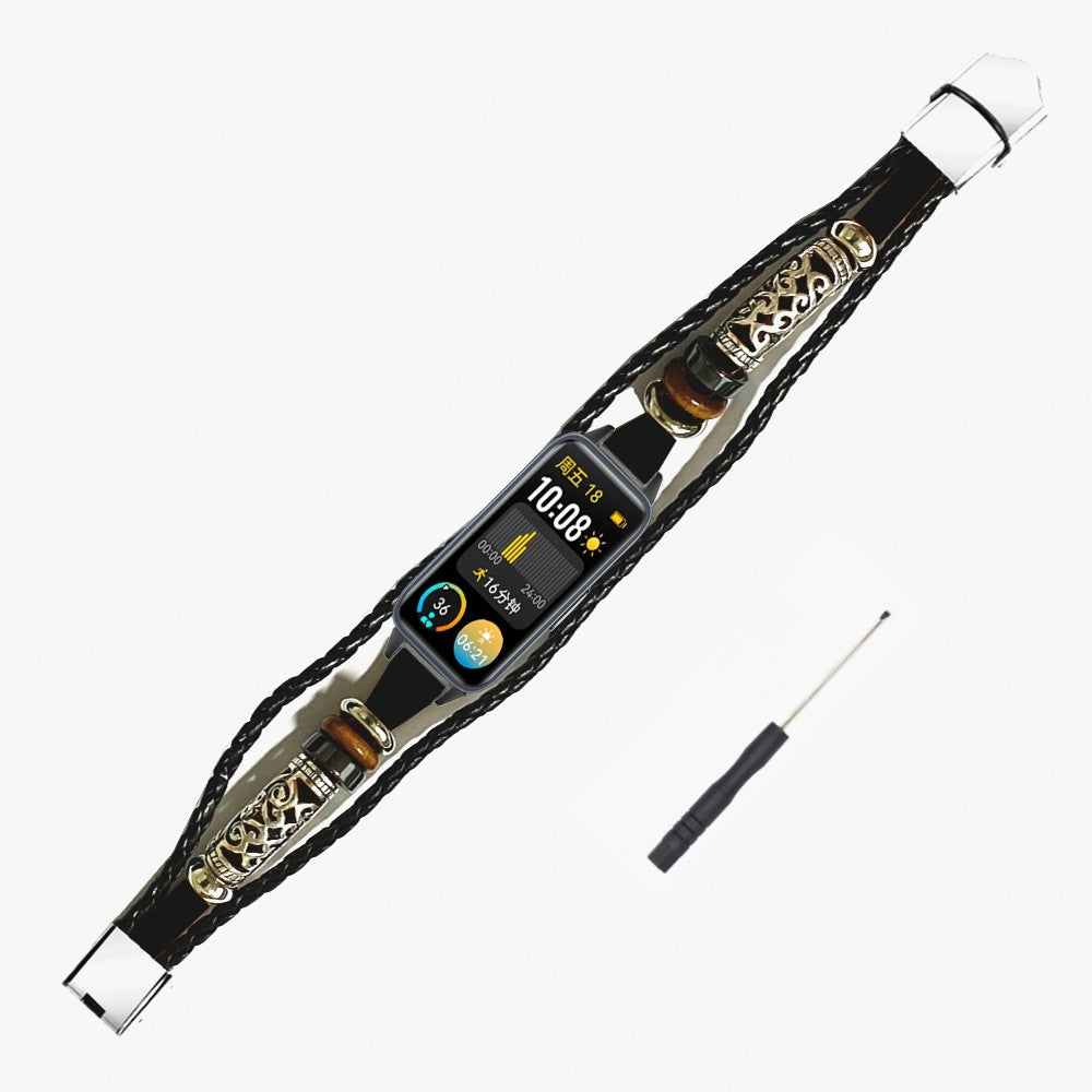 For Huawei Band 9 Wrist Watch Band Beaded Ethnic Retro Style DIY Strap with Spring Bar Tool - Black