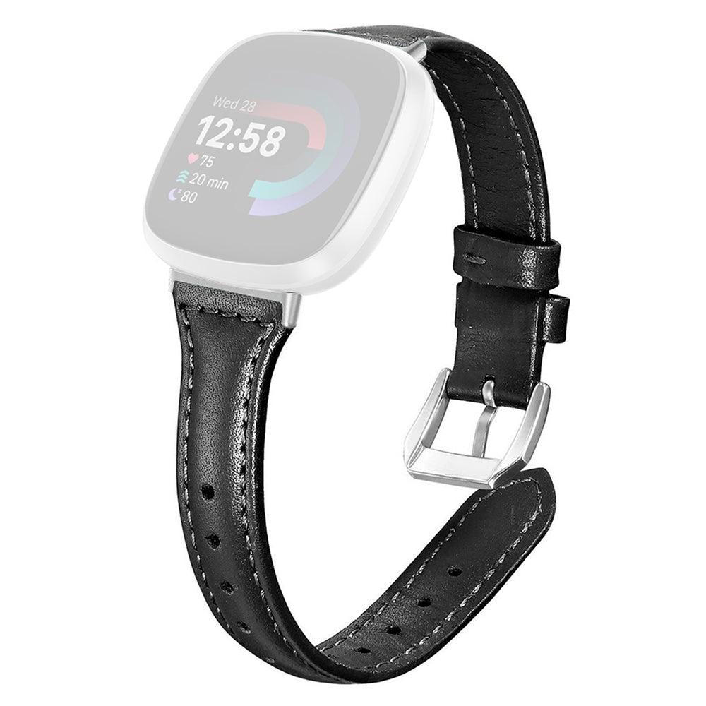 For Fitbit Versa 3 / 4 Watch Strap Genuine Cow Leather Adjustable Wrist Band - Black