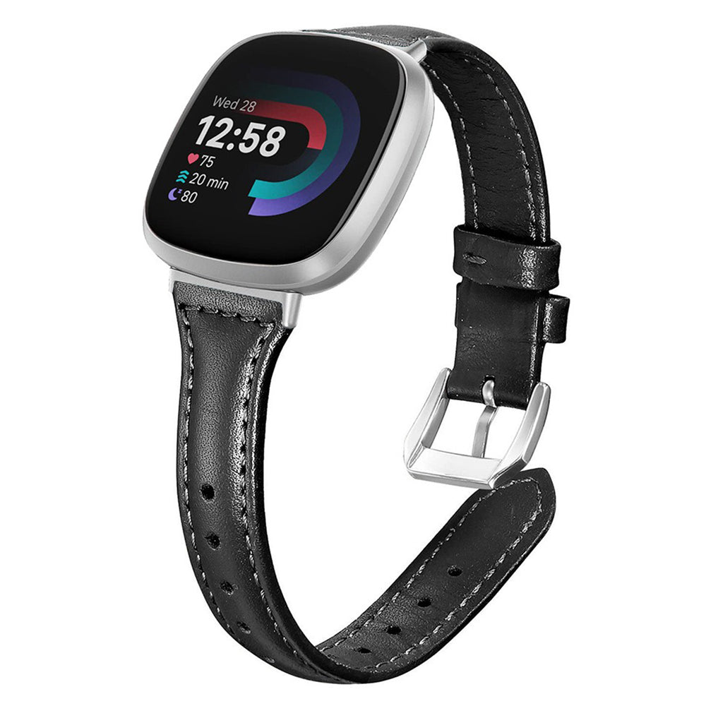 For Fitbit Versa 3 / 4 Watch Strap Genuine Cow Leather Adjustable Wrist Band - Black