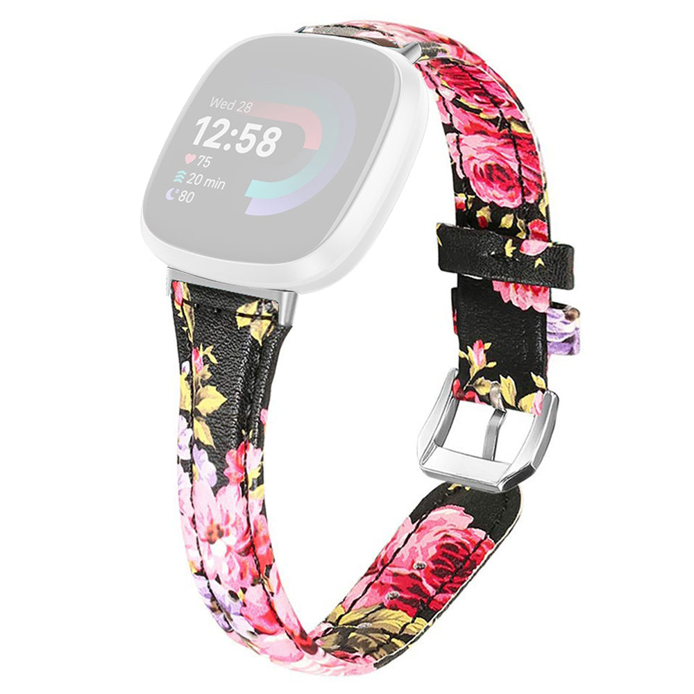 For Fitbit Versa 3 / 4 Watch Strap Genuine Cow Leather Adjustable Wrist Band - Flower