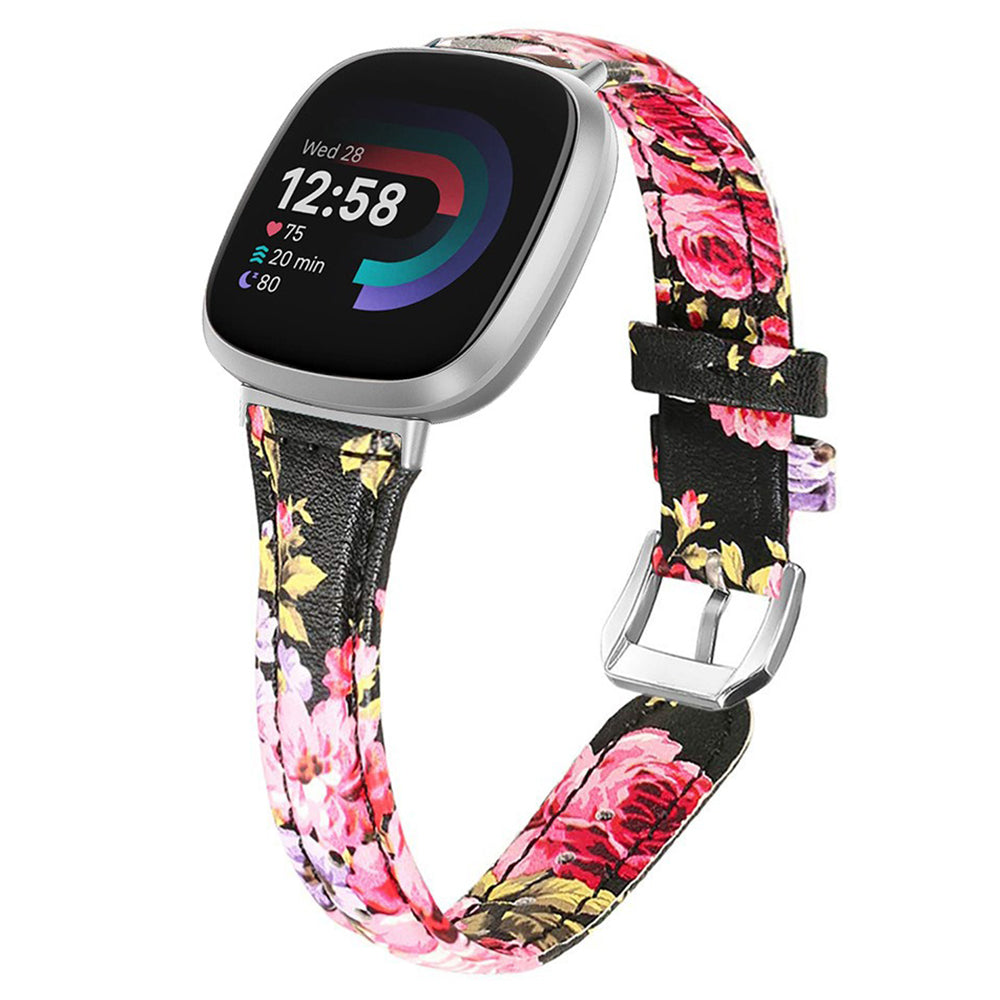 For Fitbit Versa 3 / 4 Watch Strap Genuine Cow Leather Adjustable Wrist Band - Flower