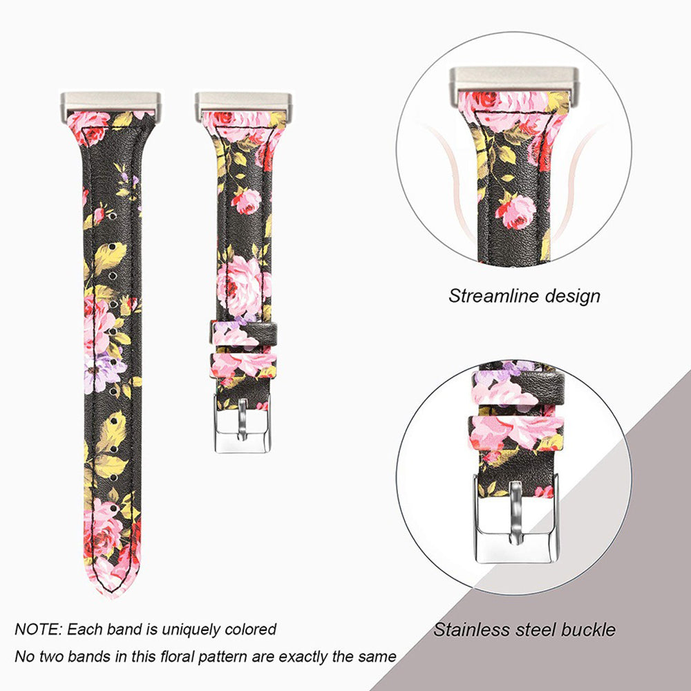 For Fitbit Versa 3 / 4 Watch Strap Genuine Cow Leather Adjustable Wrist Band - Flower