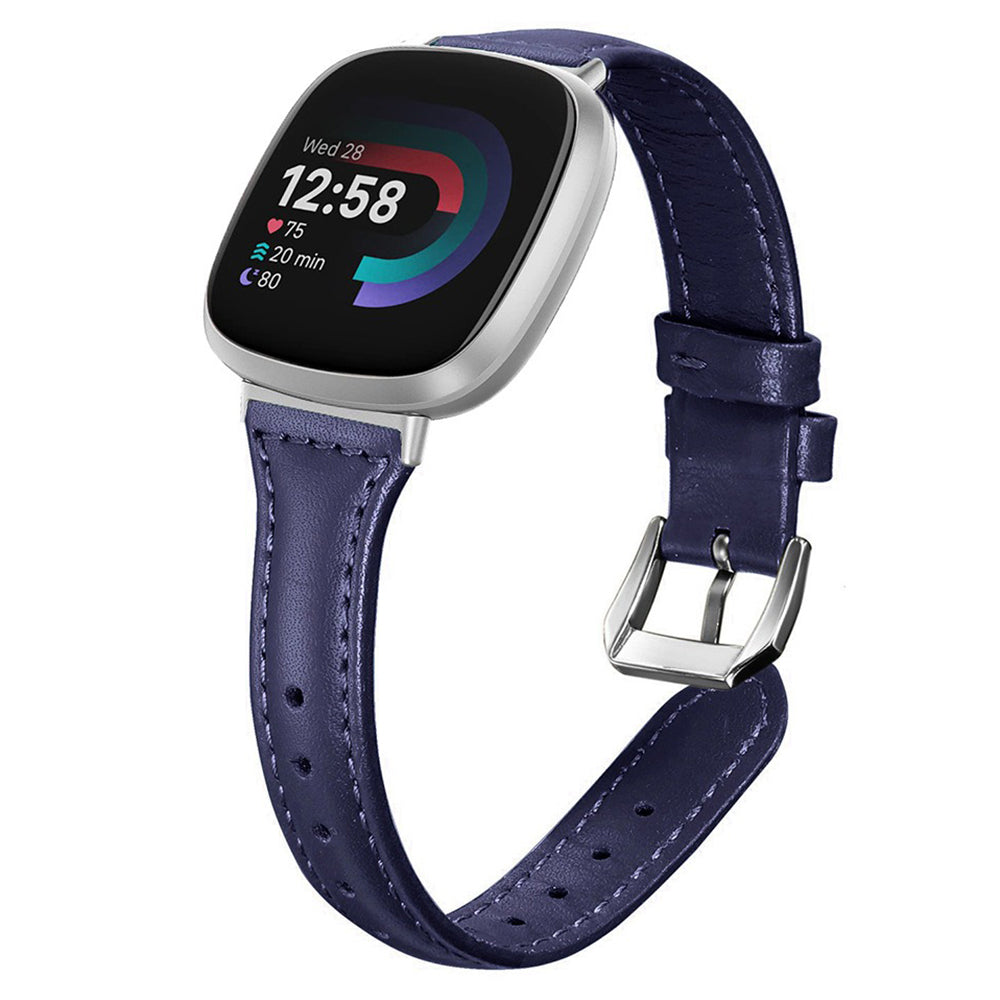 For Fitbit Versa 3 / 4 Watch Strap Genuine Cow Leather Adjustable Wrist Band - Midnight Blue