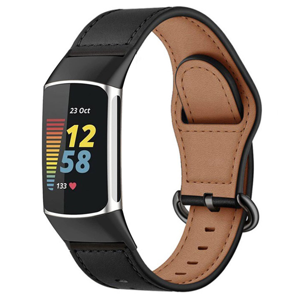 For Fitbit Charge 6 / Charge 5 / Charge 4 Replacement Wrist Band Genuine Cow Leather Strap - Black