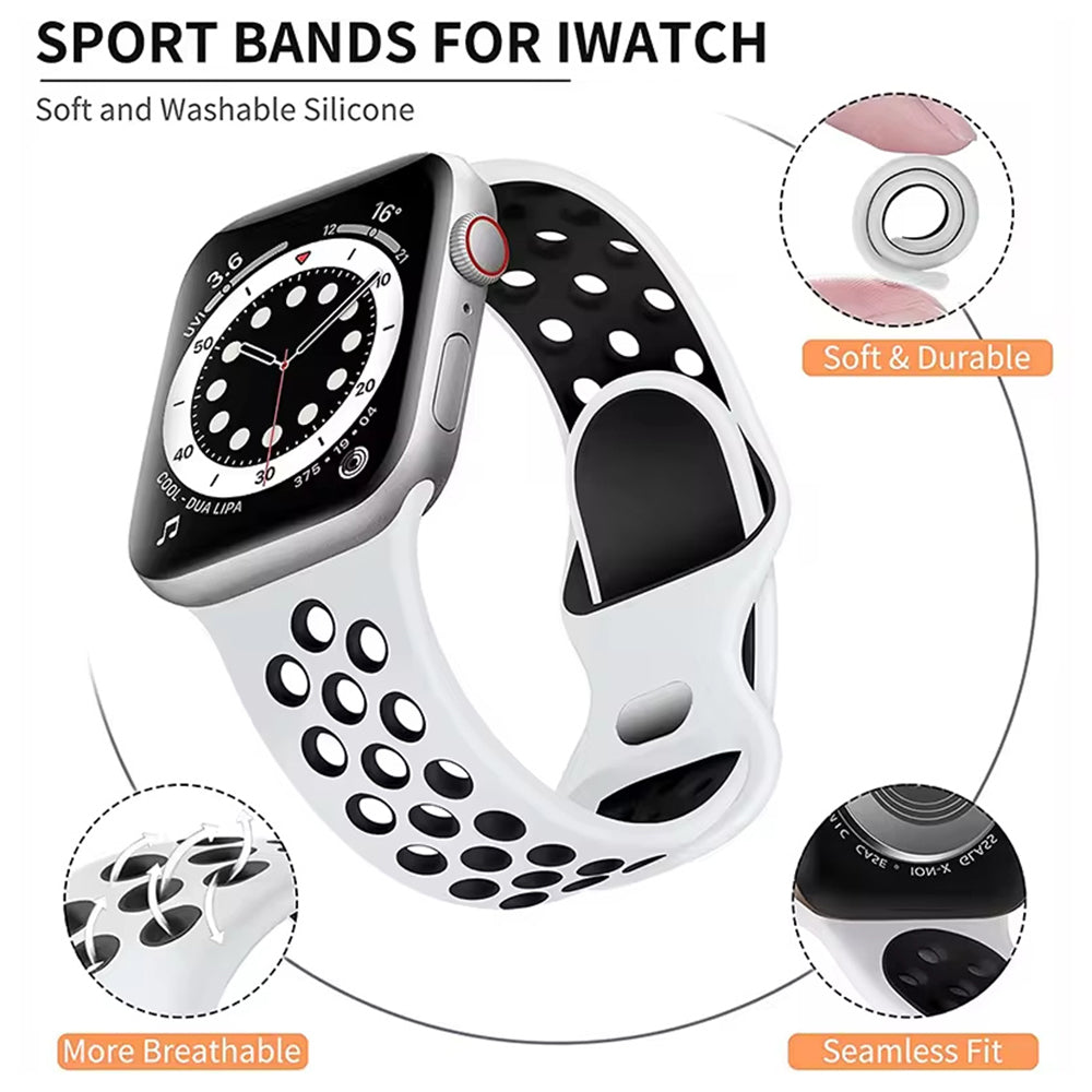 For Apple Watch Series 9 8 7 41mm / 6 5 4 SE (2022) SE (2023) SE 40mm / 3 2 1 38mm Silicone Watch Band Dual Color Strap - Black+Grey