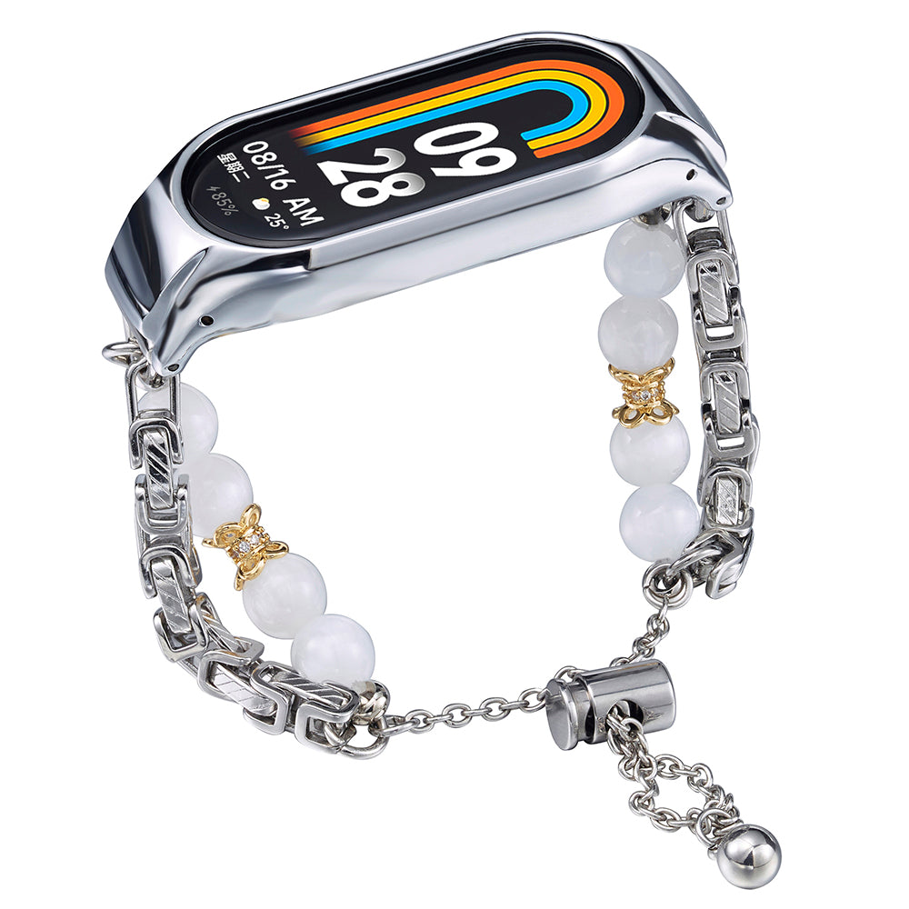 For Xiaomi Smart Band 8 Stainless Steel Watch Band Beads Chain Bracelet with Case - White+Gold