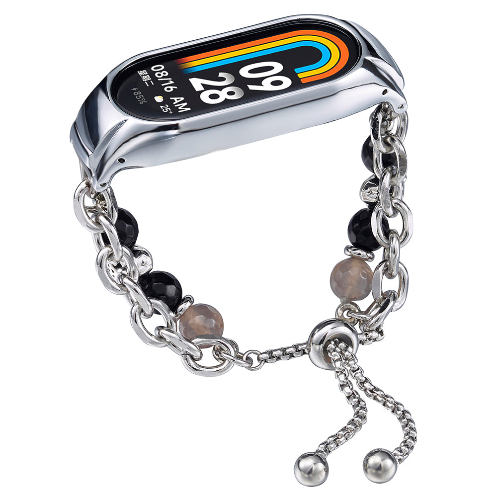 For Xiaomi Smart Band 8 Stainless Steel Watch Band Beads Chain Bracelet with Case - Black+Grey 2