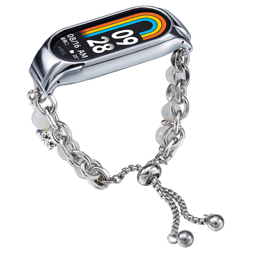 For Xiaomi Smart Band 8 Stainless Steel Watch Band Beads Chain Bracelet with Case - Silver