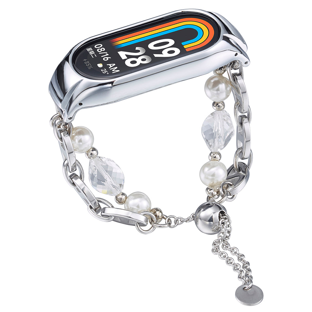 For Xiaomi Smart Band 8 Stainless Steel Watch Band Beads Chain Bracelet with Case - White / Large