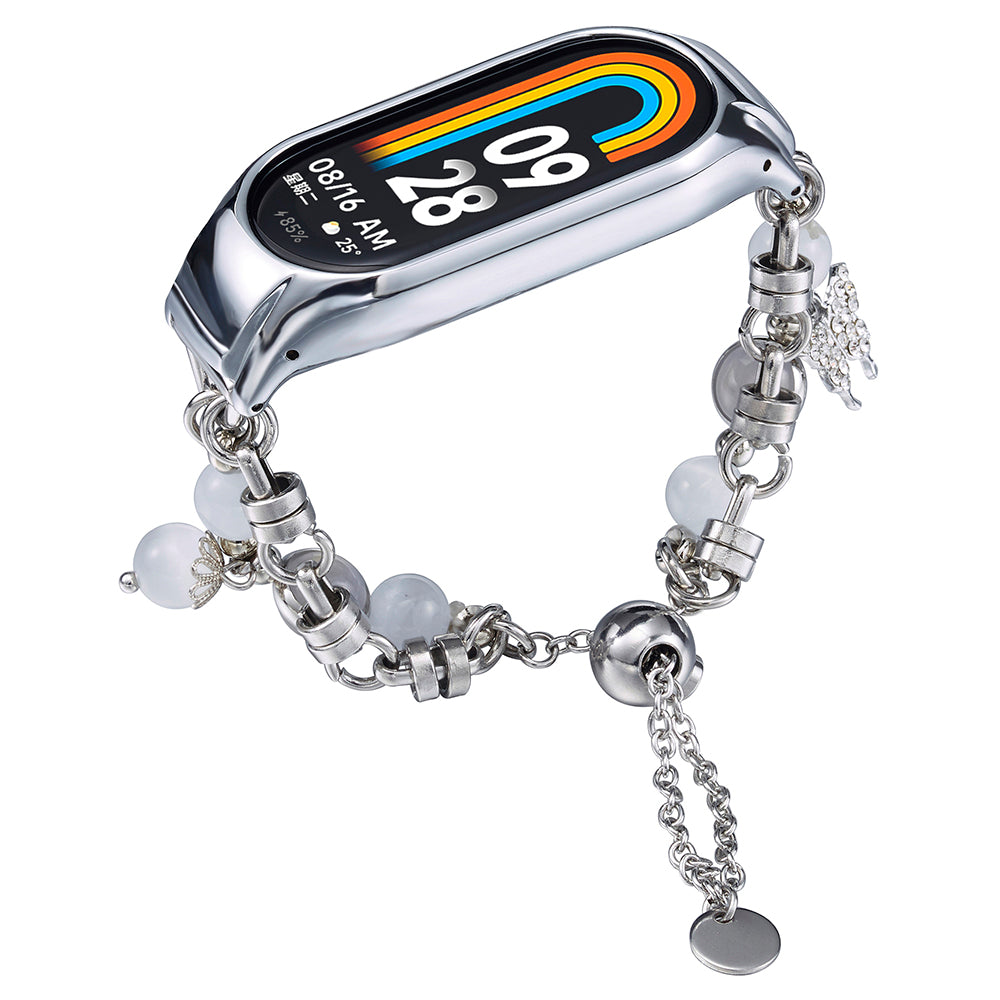 For Xiaomi Smart Band 8 Stainless Steel Watch Band Beads Chain Bracelet with Case - White+Grey