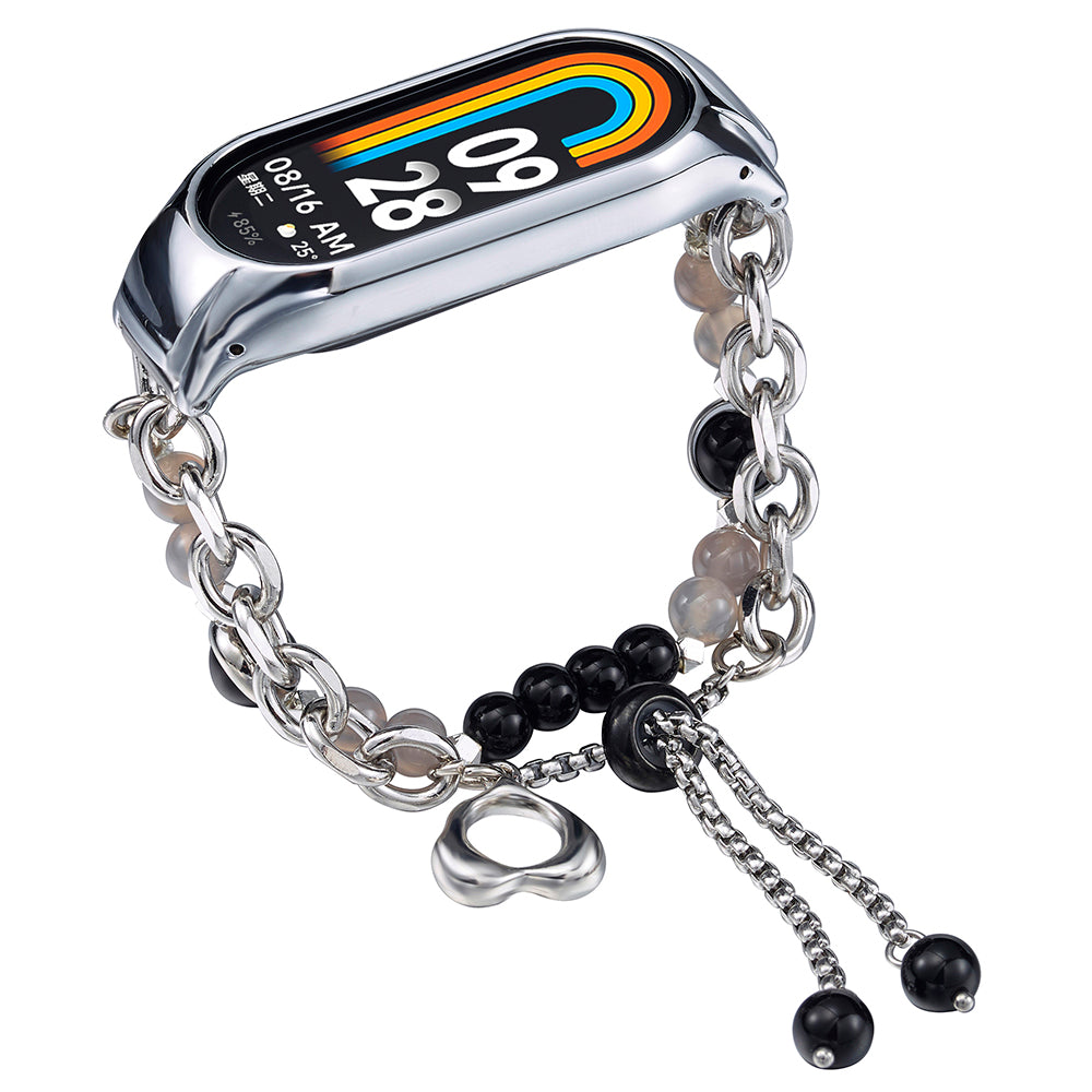 For Xiaomi Smart Band 8 Stainless Steel Watch Band Beads Chain Bracelet with Case - Black+Grey