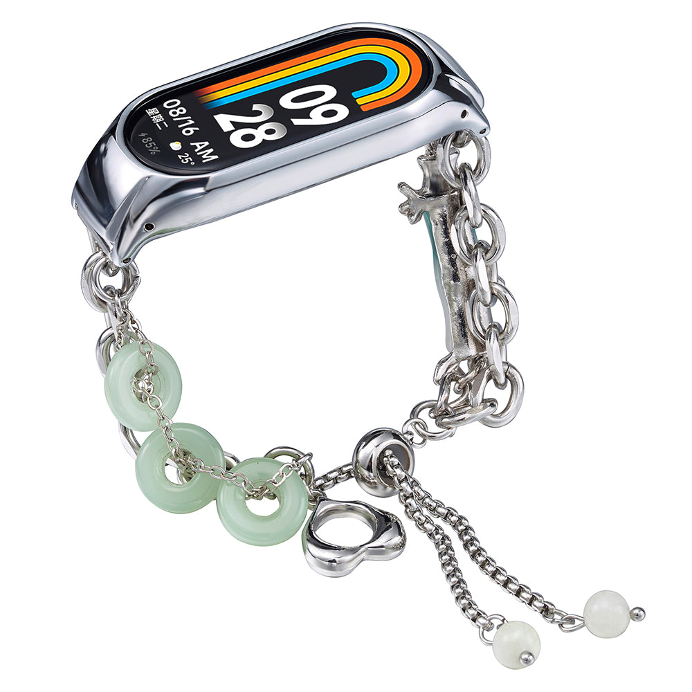 For Xiaomi Smart Band 8 Stainless Steel Watch Band Beads Chain Bracelet with Case - White+Green