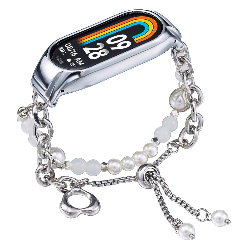 For Xiaomi Smart Band 8 Stainless Steel Watch Band Beads Chain Bracelet with Case - White