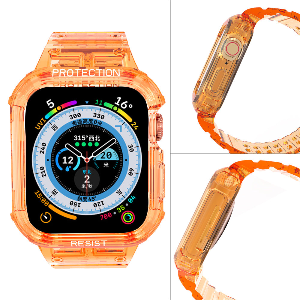 For Apple Watch Series 7 8 9 41mm / Series 7 8 9 45mm TPU Watch Strap with Case - Transparent Orange