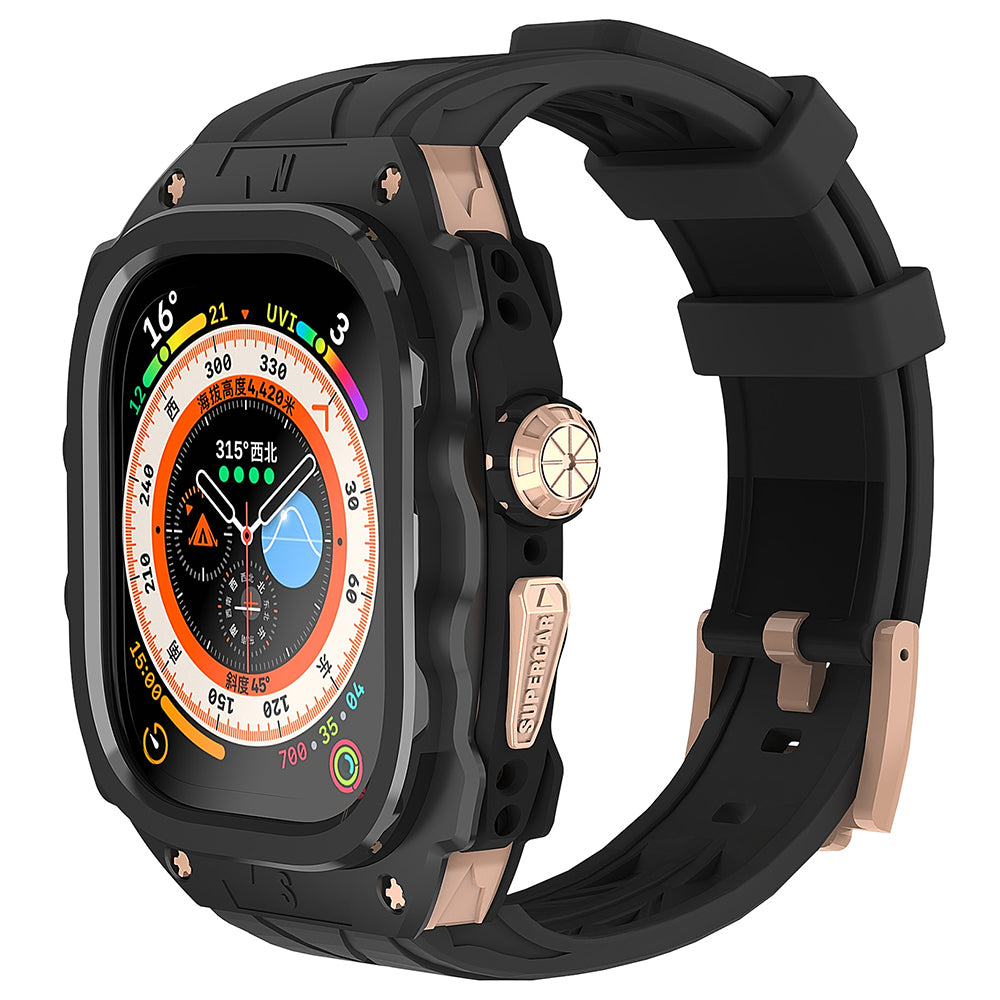 For Apple Watch Ultra 49mm / Ultra 2 49mm Silicone Wrist Strap Band + Integrated Metal Watch Case - Gold