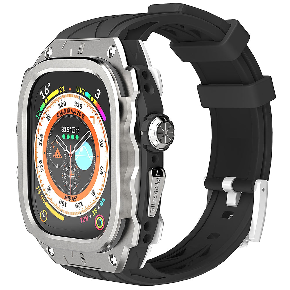 For Apple Watch Ultra 49mm / Ultra 2 49mm Silicone Wrist Strap Band + Integrated Metal Watch Case - Silver