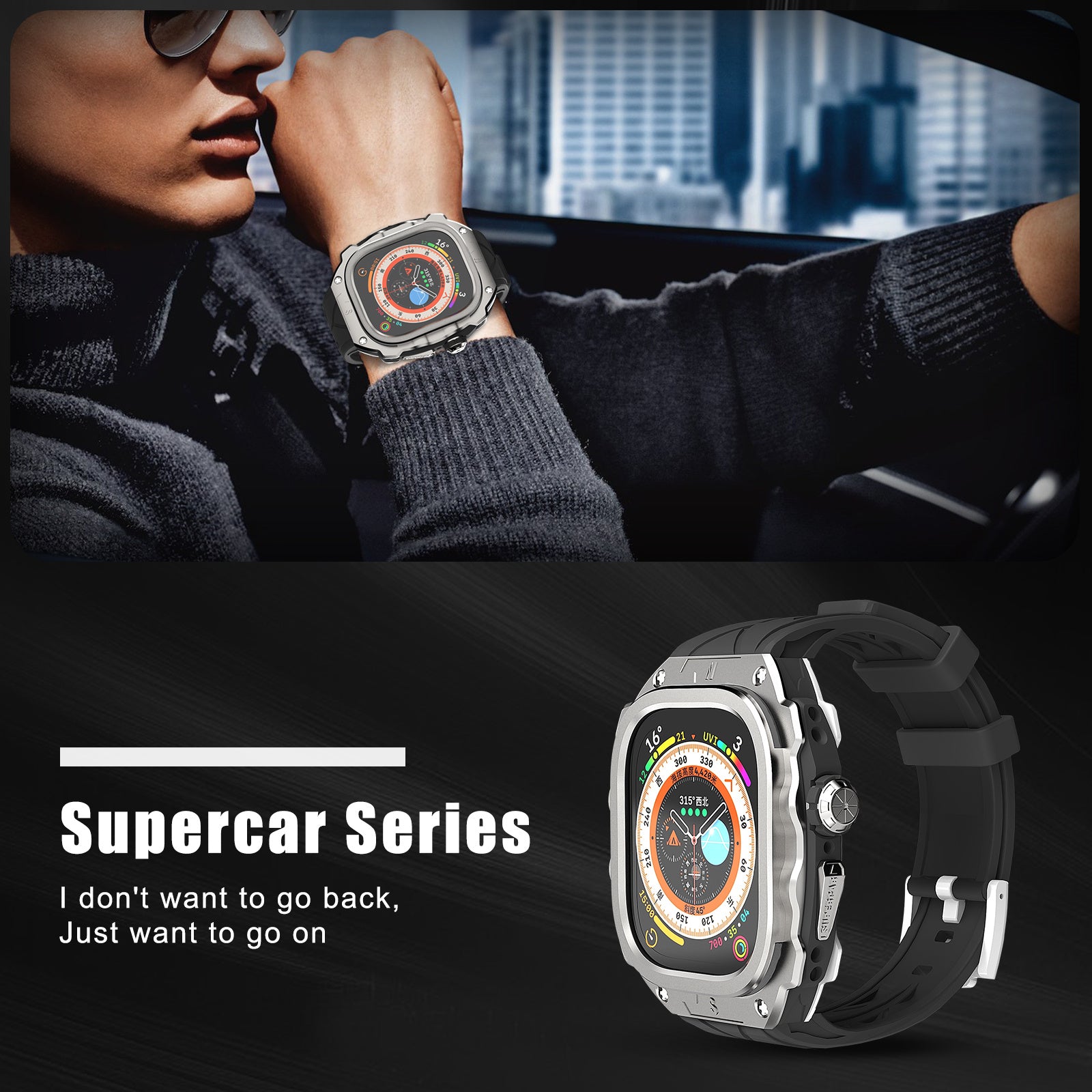 For Apple Watch Ultra 49mm / Ultra 2 49mm Silicone Wrist Strap Band + Integrated Metal Watch Case - Silver