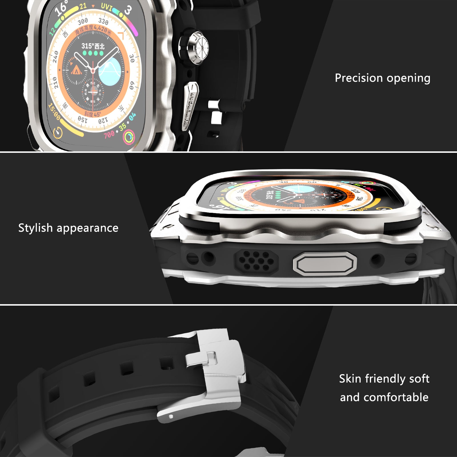 For Apple Watch Ultra 49mm / Ultra 2 49mm Silicone Wrist Strap Band + Integrated Metal Watch Case - Silver