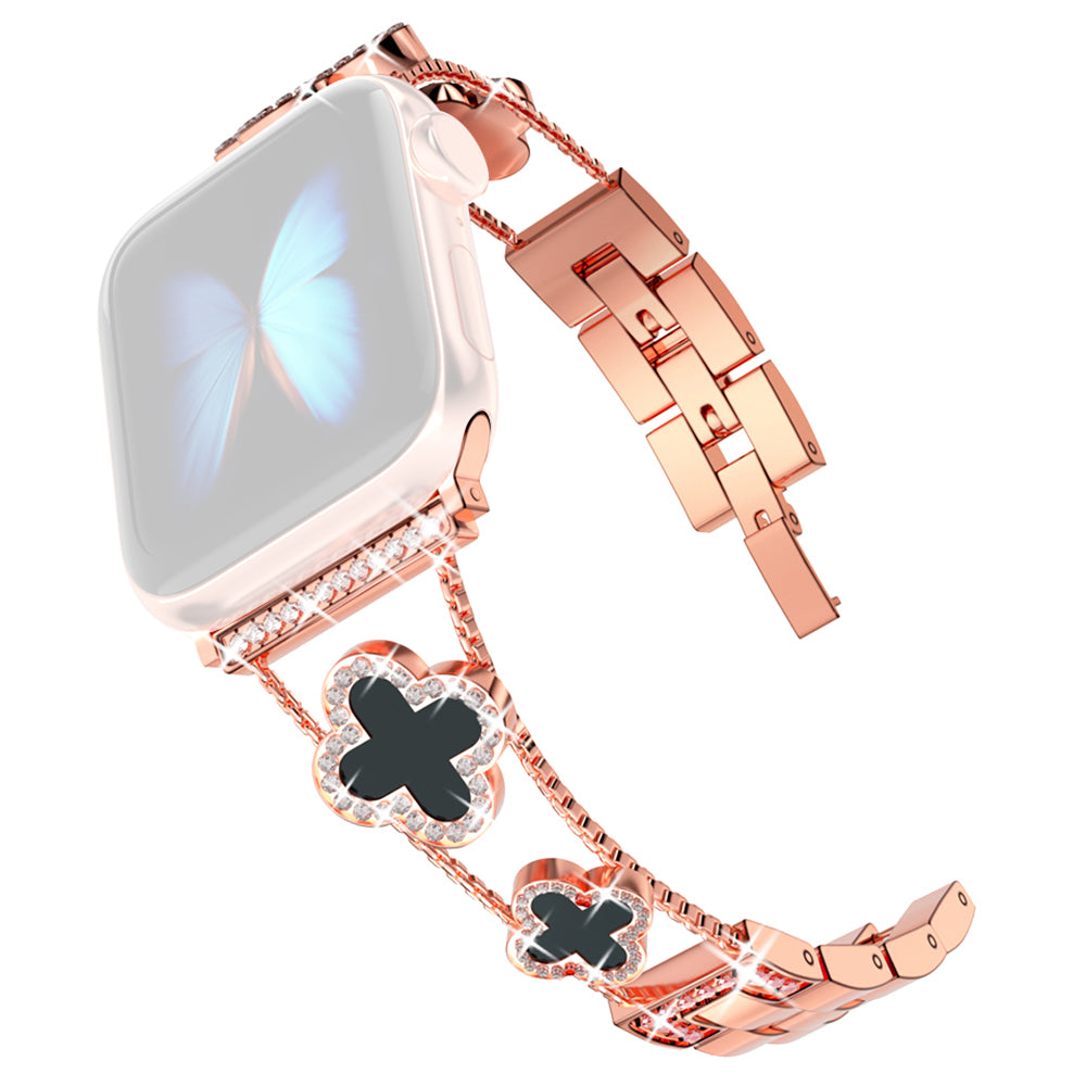 Four Leaf Clover Watch Strap for Apple Watch Series 9 8 7 41mm / 6 5 4 SE (2022) SE (2023) SE 40mm / 3 2 1 38mm Metal Wrist Band - Rose Gold+Black
