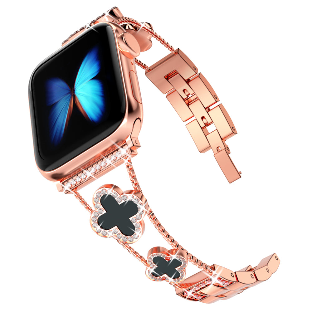 Four Leaf Clover Watch Strap for Apple Watch Series 9 8 7 41mm / 6 5 4 SE (2022) SE (2023) SE 40mm / 3 2 1 38mm Metal Wrist Band - Rose Gold+Black