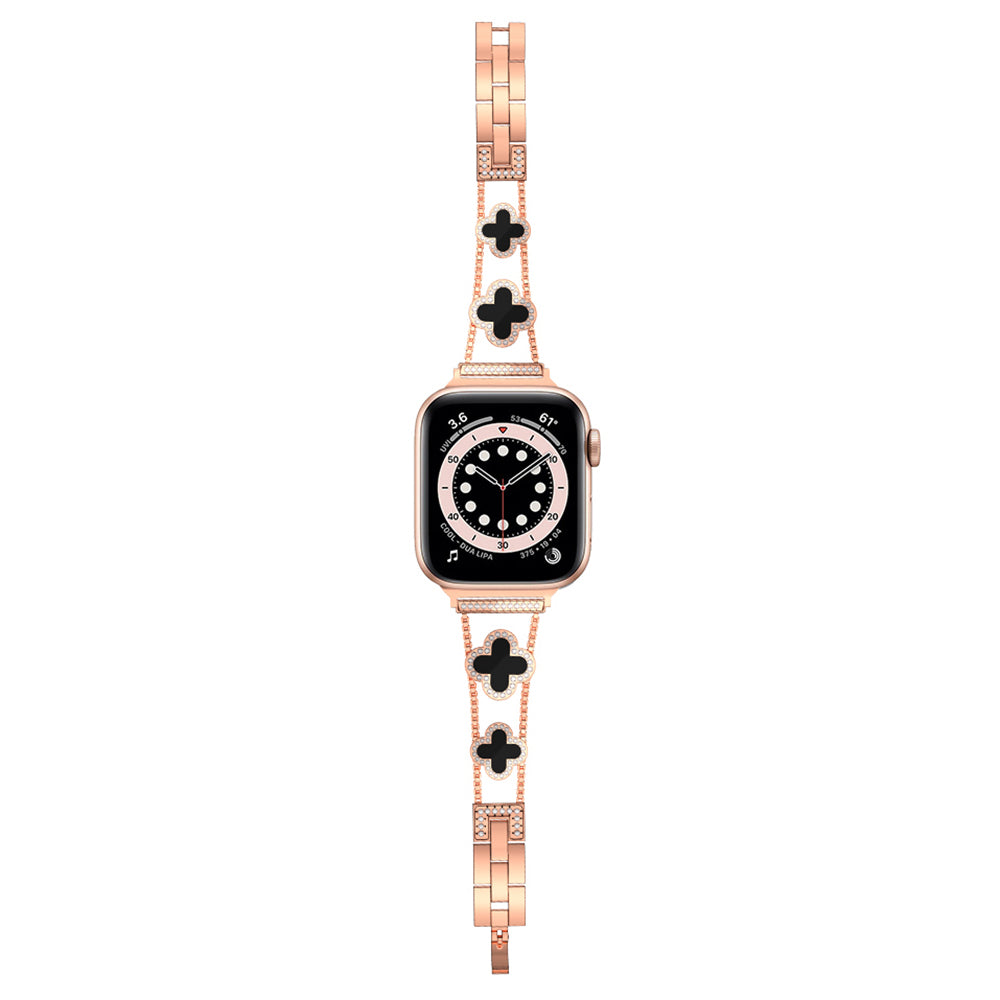 Four Leaf Clover Watch Strap for Apple Watch Series 9 8 7 41mm / 6 5 4 SE (2022) SE (2023) SE 40mm / 3 2 1 38mm Metal Wrist Band - Rose Gold+Black