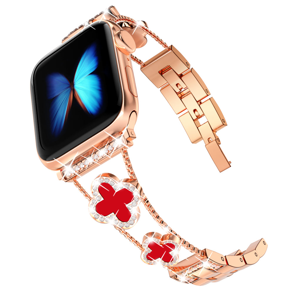 Four Leaf Clover Watch Strap for Apple Watch Series 9 8 7 41mm / 6 5 4 SE (2022) SE (2023) SE 40mm / 3 2 1 38mm Metal Wrist Band - Rose Gold+Red