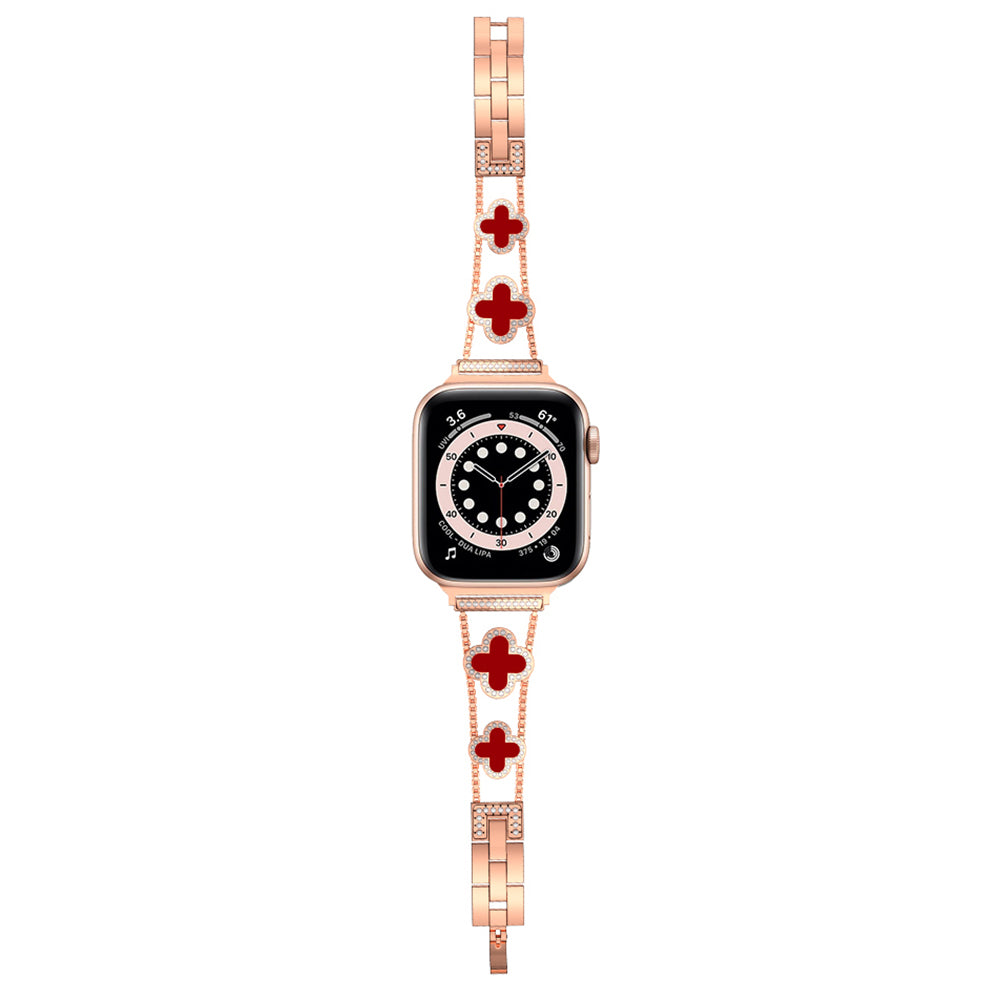 Four Leaf Clover Watch Strap for Apple Watch Series 9 8 7 41mm / 6 5 4 SE (2022) SE (2023) SE 40mm / 3 2 1 38mm Metal Wrist Band - Rose Gold+Red