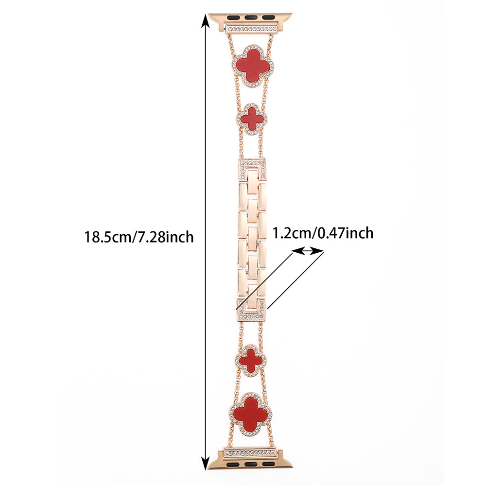 Four Leaf Clover Watch Strap for Apple Watch Series 9 8 7 41mm / 6 5 4 SE (2022) SE (2023) SE 40mm / 3 2 1 38mm Metal Wrist Band - Rose Gold+Red