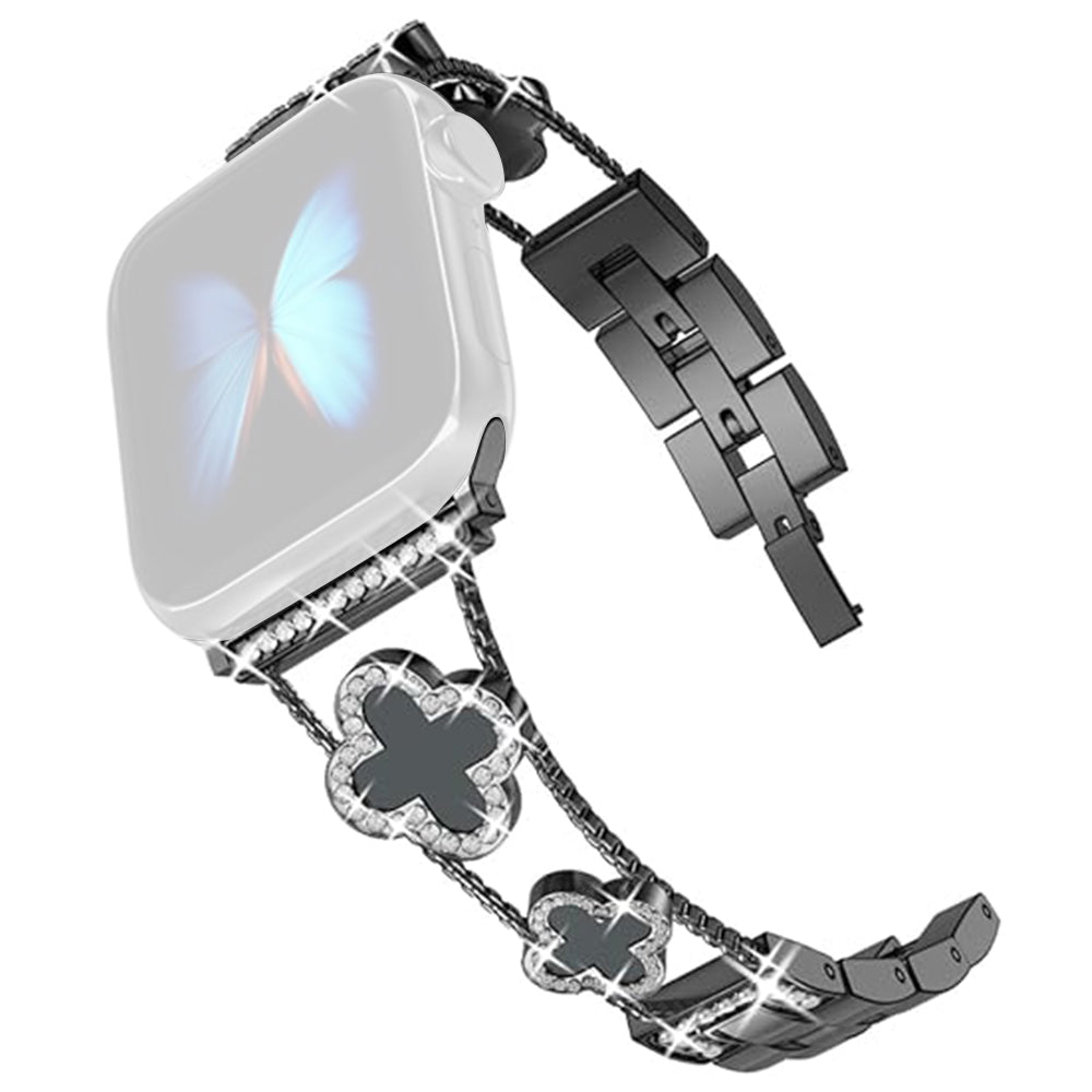 Four Leaf Clover Watch Strap for Apple Watch Series 9 8 7 41mm / 6 5 4 SE (2022) SE (2023) SE 40mm / 3 2 1 38mm Metal Wrist Band - Black