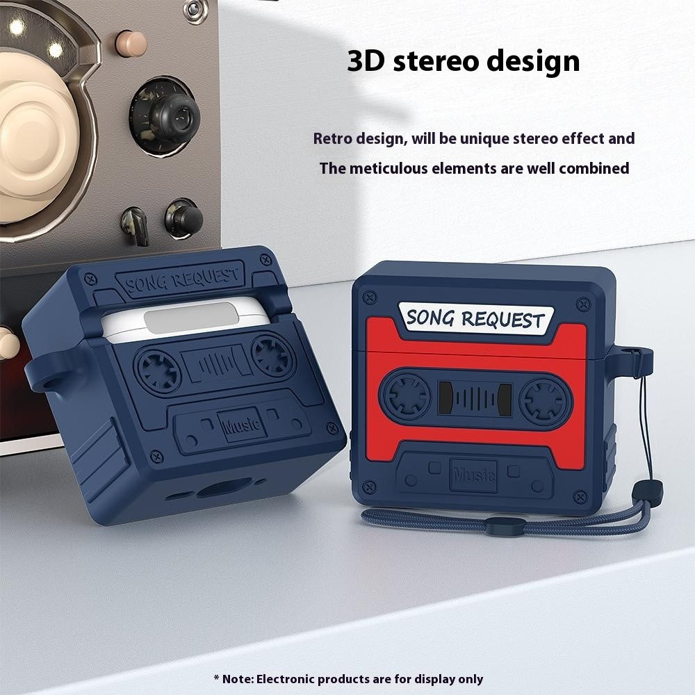 Compatible With  AirPods 5 / 4 Case Cassette Tape Design Portable Liquid Silicone Earbuds Cover with Strap - Grey