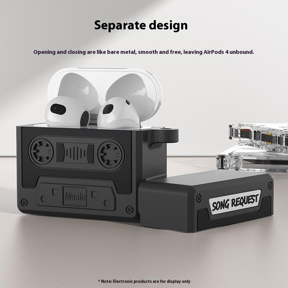Compatible With  AirPods 5 / 4 Case Cassette Tape Design Portable Liquid Silicone Earbuds Cover with Strap - Grey