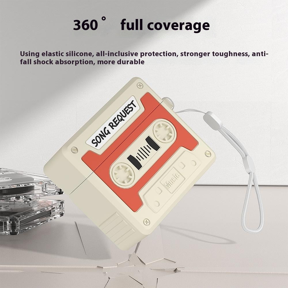 Compatible With  AirPods 5 / 4 Case Cassette Tape Design Portable Liquid Silicone Earbuds Cover with Strap - Black