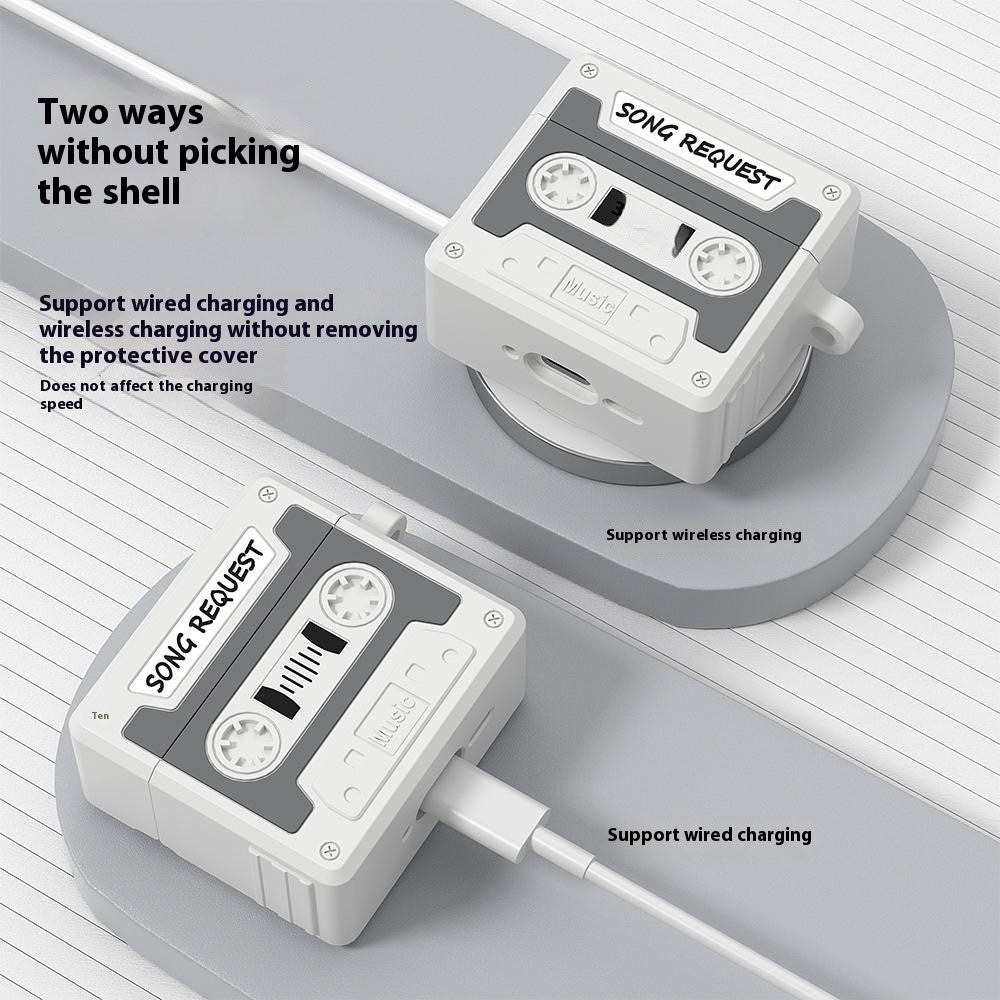 Compatible With  AirPods 5 / 4 Case Cassette Tape Design Portable Liquid Silicone Earbuds Cover with Strap - Black